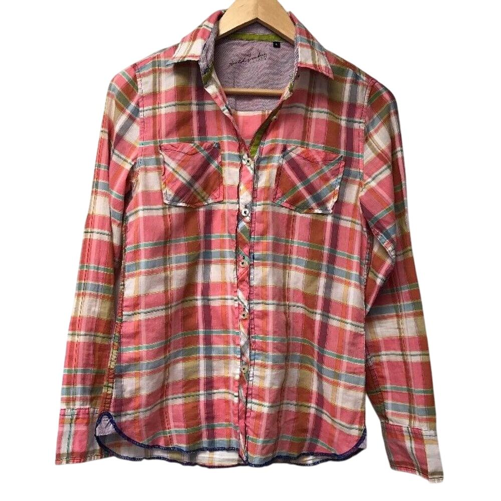 Arnold Zimberg Top Womens Small Plaid Pink White Blue Yellow